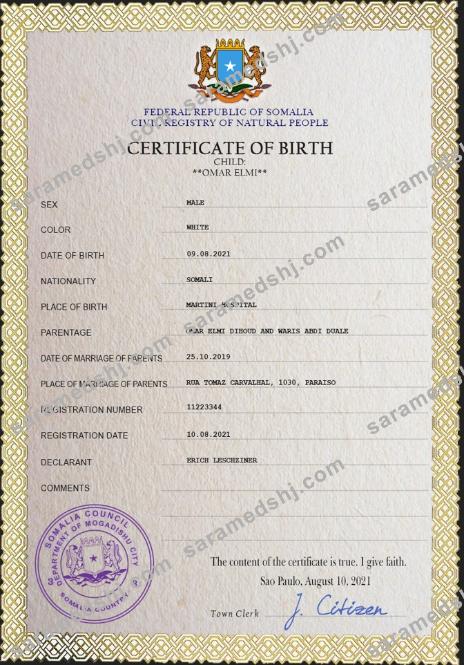 Somalia vital record birth certificate PSD template